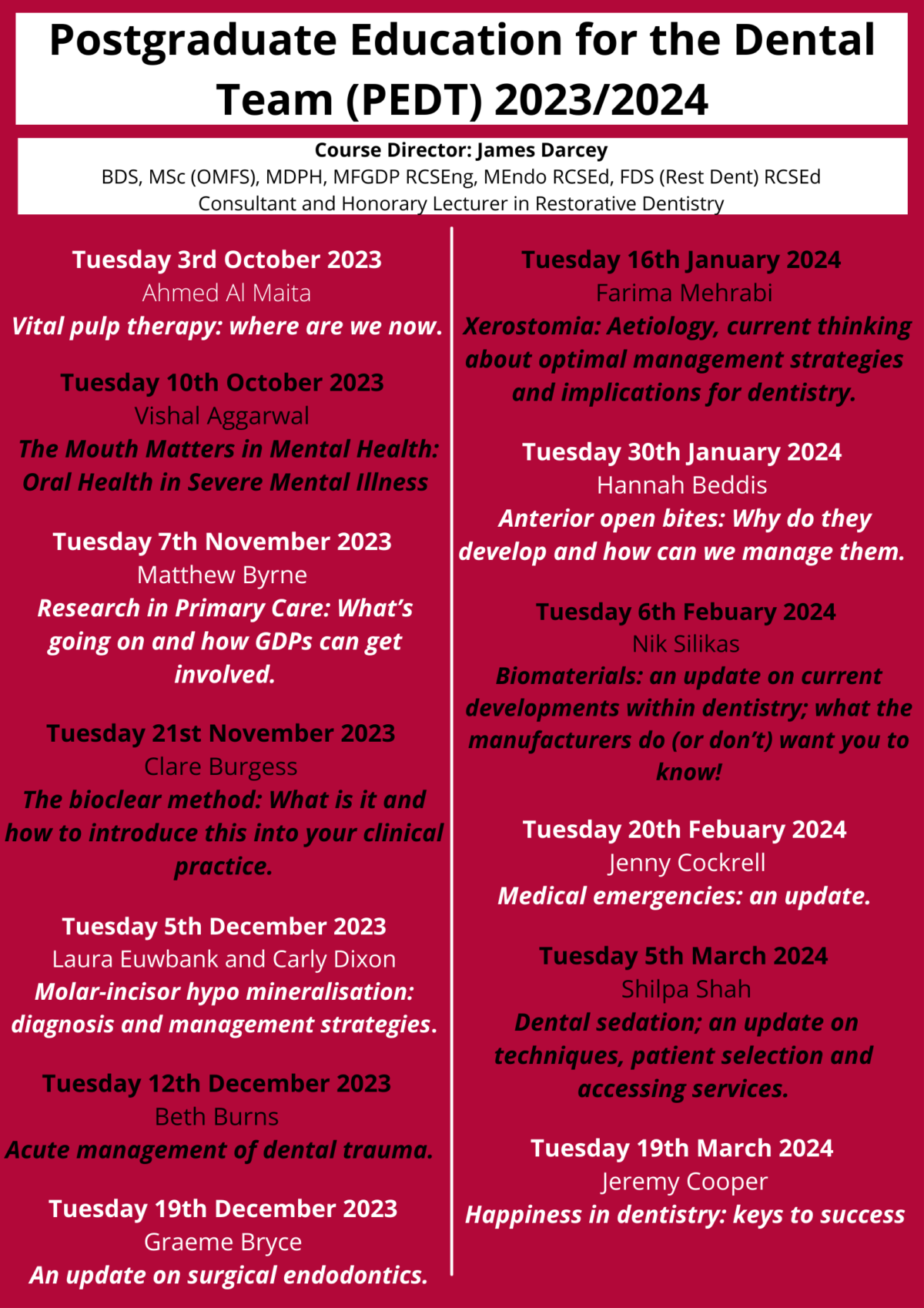 Manchester Dental Education Centre Mandec PEDT James Darcey Ahmed Al Maita Vishal Aggarwal Clare Burgess Laura Euwbank Beth Burns Graeme Bryce Farima Mehrabi Hannah Beddis Nik Silikas Jenny Cockrell Shilpa Shah Jeremy Cooper Postgraduate Education for the Dental Team (PEDT) 2023/2024 Webinar