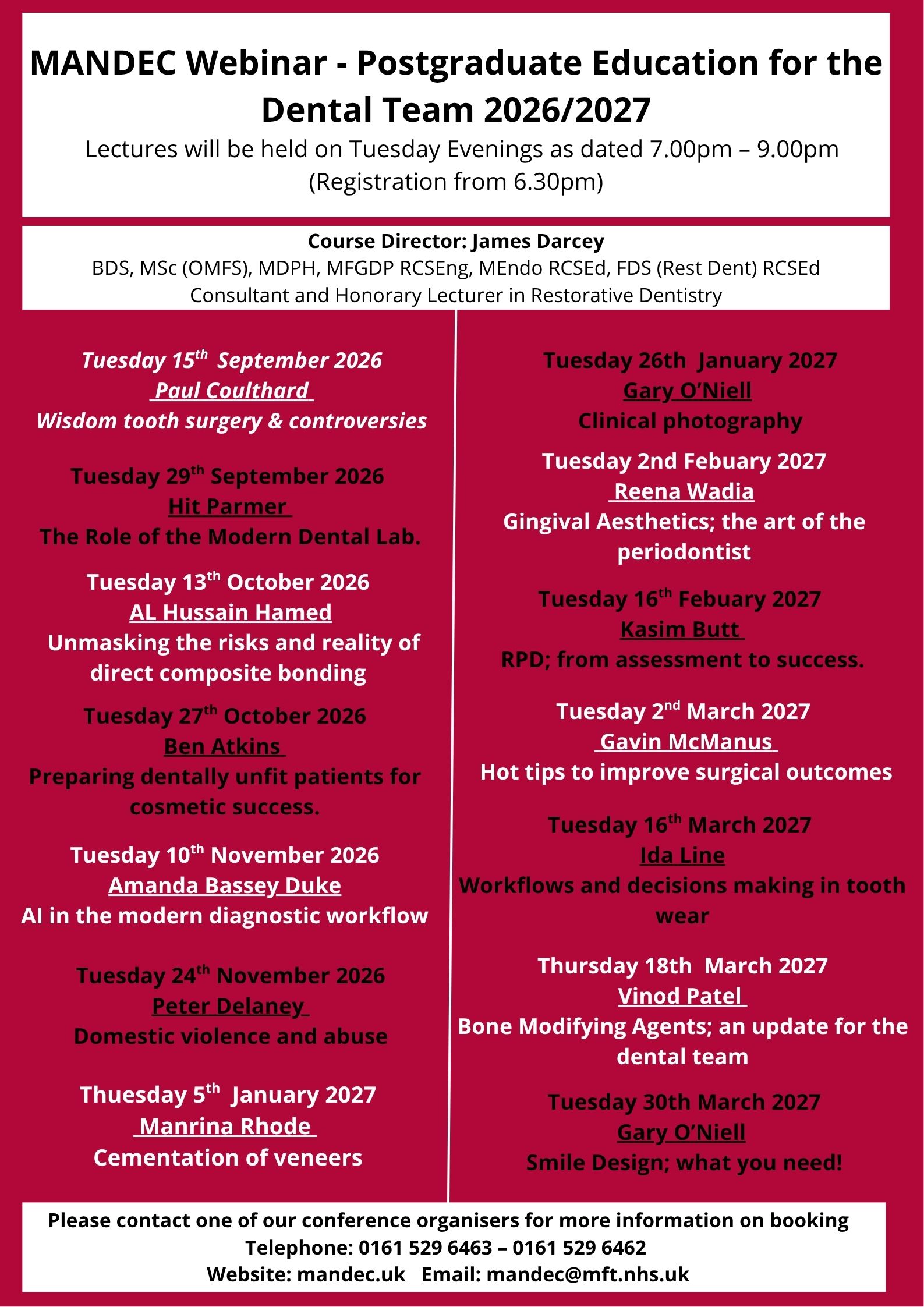 PEDT, MANDEC Webinar, Postgraduate Education for the Dental Team 2026/2027, James Darcey, Paul Coulthard, Hit Parmer, AL Hussain Hamed, Ben Atkins, Amanda Bassey Duke, Peter Delaney, Peter Delaney, Manrina Rhode, Gary O’Niell, Reena Wadia, Kasim Butt , Vinod Patel, Gavin McManus, Ida Line, Gary O’Niell
